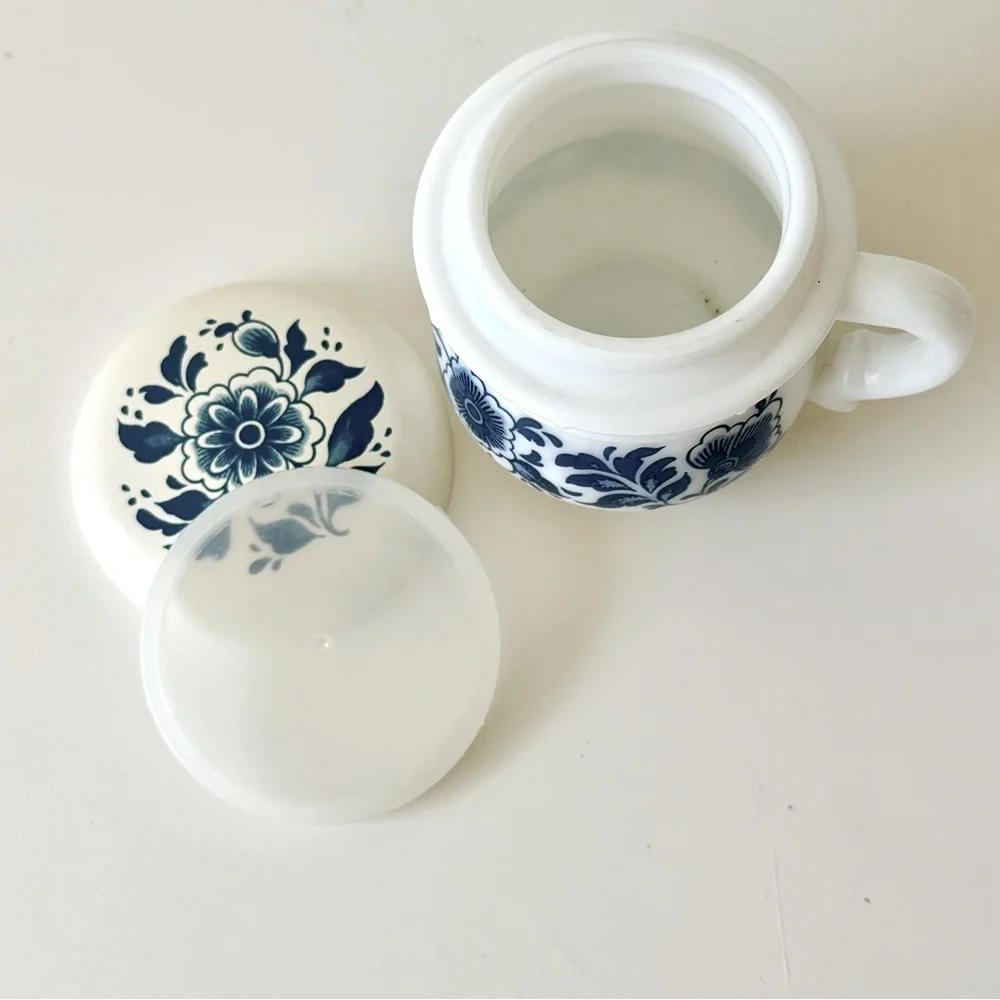 Vintage Avon Delft Blue Milk Glass Jar with Lid - Floral Cottagecore EUC